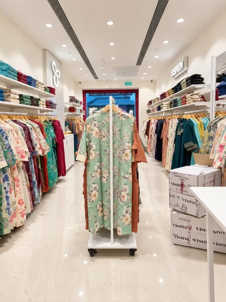 Central aisle with marble-finish flooring, recessed ceiling lights and mobile garment rails